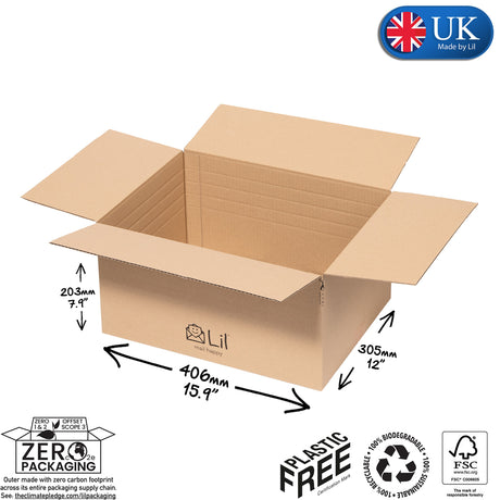 E6 Single Walled Cardboard Box opened image with sizes 203mm high by 406mm long and 305mm deep by Lil Packaging, including FSC logo