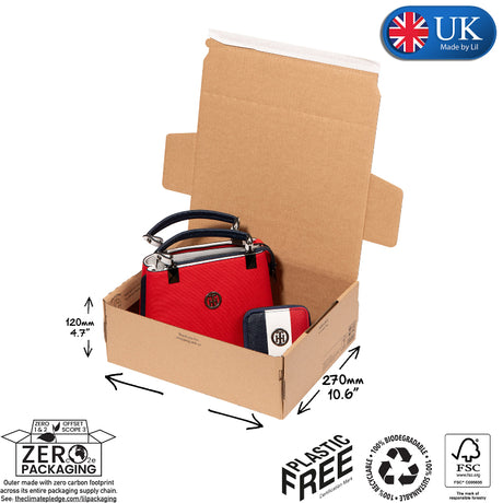 S343+ Cardboard Mailbox, open with gift items inside - produced by Lil Packaging