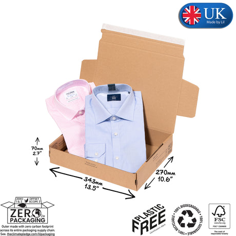 An open SP343 ecommerce mailbox with 2 shirts being packaged. Image shows the box open and the 'peel 'n' seal' plastic free sealing strip, unique to Lil Packaging. Image includes Plastic Free, Recycling and FSC Certified logos on a white background