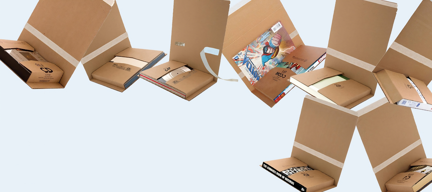 Cardboard boxes with various items on a light blue background
